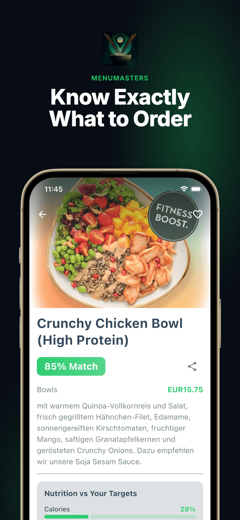 Know Exactly What to Order - Meal detail with match score and nutrition info
